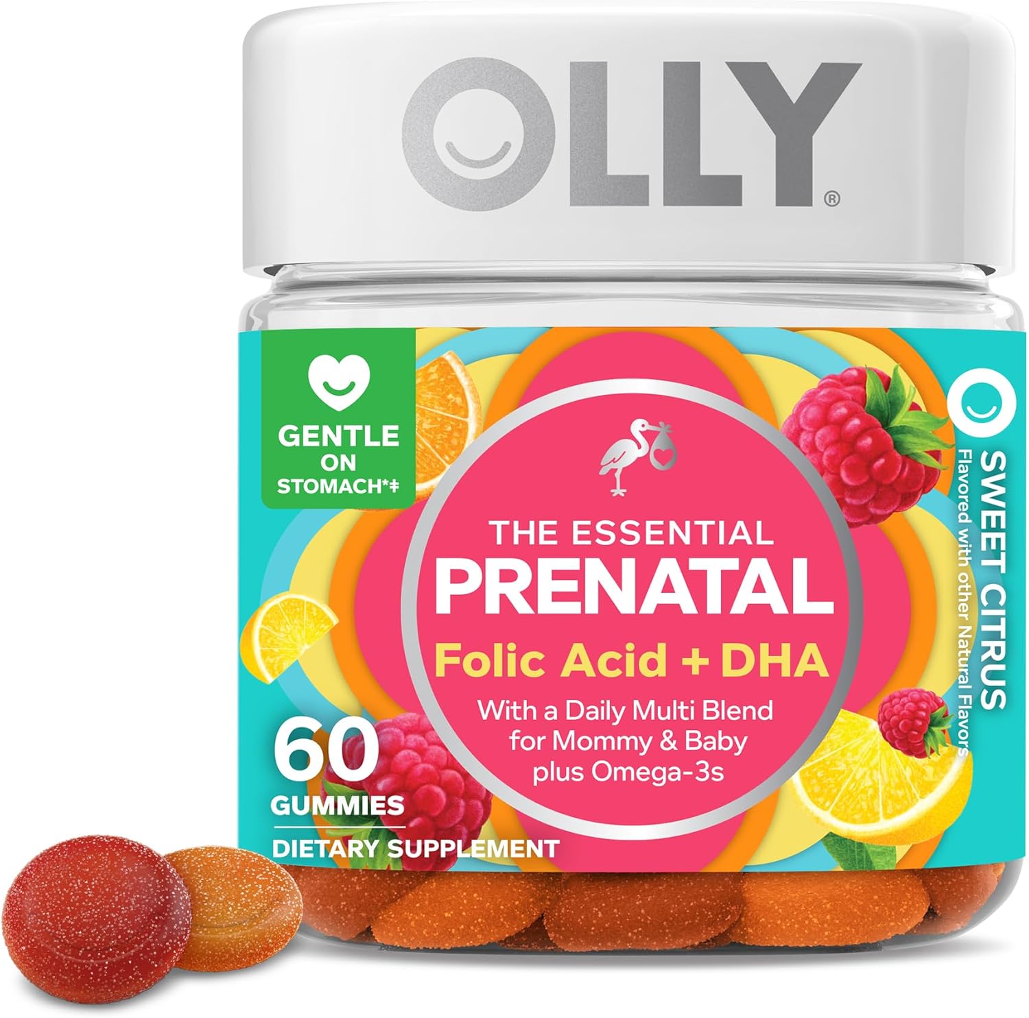 OLLY Prenatal Multivitamin Gummy, Supports Healthy Growth and Brain Development, Folic Acid, Vitamin D, Omega 3 DHA, Chewable Supplement, Citrus Berry Flavor, 30 Day Supply - 60 Count